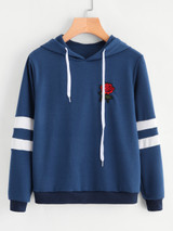 Fifth Avenue Rose Print JAVANA Varsity Sleeve Striped Hoodie - Navy Blue