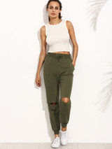 Women's Slit Knee Fleece Jogger Pants by Fifth Avenue - Khaki Green