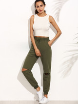 Women's Slit Knee Fleece Jogger Pants by Fifth Avenue - Khaki Green