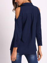 Fifth Avenue Women's Viscose Button Down Cold Shoulder Shirt - Navy Blue