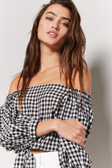 Fifth Avenue Women's Bottom Knot Gingham Off Shoulder Top - Black and White