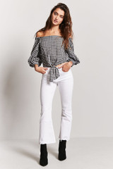 Fifth Avenue Women's Bottom Knot Gingham Off Shoulder Top - Black and White