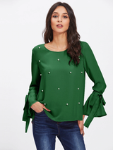 Fifth Avenue Women's Silky Beaded Tie Cuff Shirt - Green