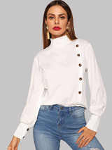 Fifth Avenue Women's UVA167 Button Up Ruffle Neck Blouse - White