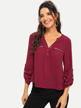 Fifth Avenue Women's UVA1147 Zip Collar Button Pocket Blouse - Maroon