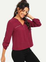 Fifth Avenue Women's UVA1147 Zip Collar Button Pocket Blouse - Maroon