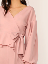 Fifth Avenue Peplum Tie Front Baloon Sleeve Top and Pants 2 Piece Set TPS235 - Pink