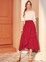 Fifth Avenue Womens Cotton Overlap Detail Polka Print GTSKIR1 Skirt - Red