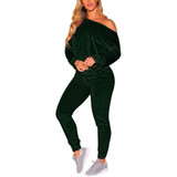 Fifth Avenue Womens Velvet One Shoulder Top and Jogger Pants Co-Ord Set FAVELC8 - Green