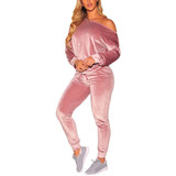 Fifth Avenue Womens Velvet One Shoulder Top and Jogger Pants Co-Ord Set FAVELC8 - Pink