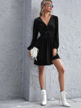 Fifth Avenue Womens Tie Waist Detail Velvet Stitched Western Dress FAWWDR3 - Black