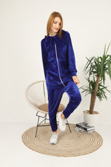 Fifth Avenue Womens Long Zip Velvet Hoodie and Pants Co-Ord Set FAVELC19 - Blue