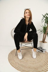 Fifth Avenue Womens Long Zip Velvet Hoodie and Pants Co-Ord Set FAVELC19 - Black