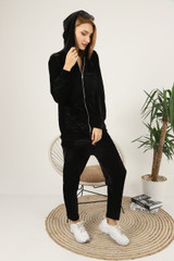 Fifth Avenue Womens Long Zip Velvet Hoodie and Pants Co-Ord Set FAVELC19 - Black