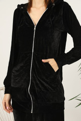 Fifth Avenue Womens Long Zip Velvet Hoodie and Pants Co-Ord Set FAVELC19 - Black