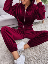 Fifth Avenue Womens Velvet Jacket and Pants Co-Ord Set FAVELC23 - Maroon