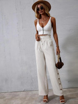 Fifth Avenue Women's Button Detail Tie Waist Wide Leg Pants FAWLP9