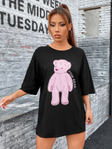 Fifth Avenue DIFT482 Oversized Pink Bear Printed T-Shirt - Black