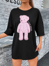 Fifth Avenue DIFT482 Oversized Pink Bear Printed T-Shirt - Black