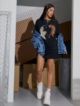 Fifth Avenue DIFT483 Oversized Tiger Printed T-Shirt - Black