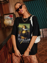 Fifth Avenue DIFT485 Oversized Mona Lisa Printed T-Shirt - Black