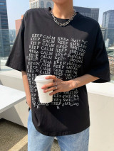 Fifth Avenue DIFT490 Oversized Keep Calm Smiling Printed T-Shirt - Black