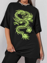 Fifth Avenue DIFT506 Oversized Dragon Printed T-Shirt - Black