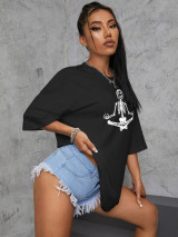 Fifth Avenue DIFT537 Oversized Skeleton Yoga Printed T-Shirt - Black