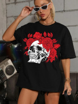 Fifth Avenue DIFT538 Oversized Skull Floral Printed T-Shirt - Black