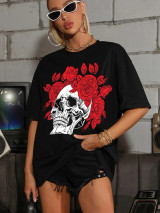 Fifth Avenue DIFT538 Oversized Skull Floral Printed T-Shirt - Black