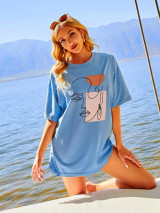 Fifth Avenue DIFT564 Figure Printed Oversized T-Shirt - Blue