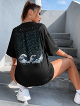 Fifth Avenue DIFT802 Waves Front Back Printed Oversized T-Shirt - Black