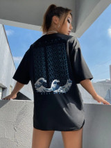 Fifth Avenue DIFT802 Waves Front Back Printed Oversized T-Shirt - Black
