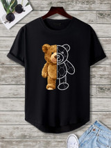 Fifth Avenue Half Bear Printed MIFT383 AOKI Dip Hem T-Shirt - Black