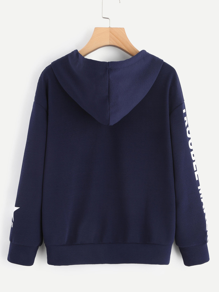 Fifth Avenue Trouble Maker Sleeve Print Hoodie - Navy Blue