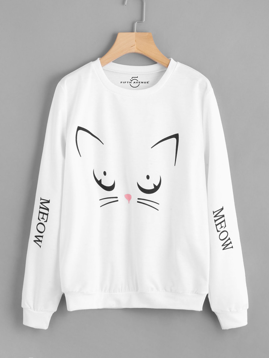 Fifth Avenue Angry Cat Meow Sleeves Printed Sweatshirt - White