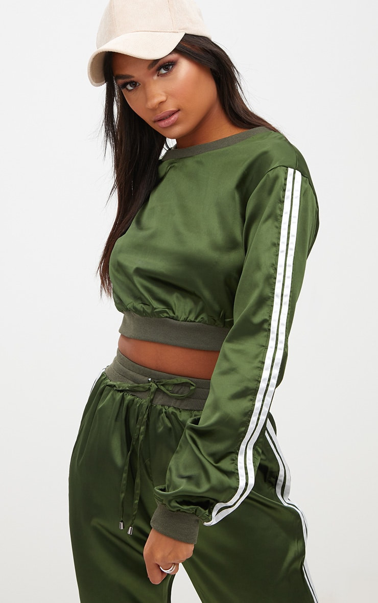Fifth Avenue Satin Sleeve Striped Crop Top - Green