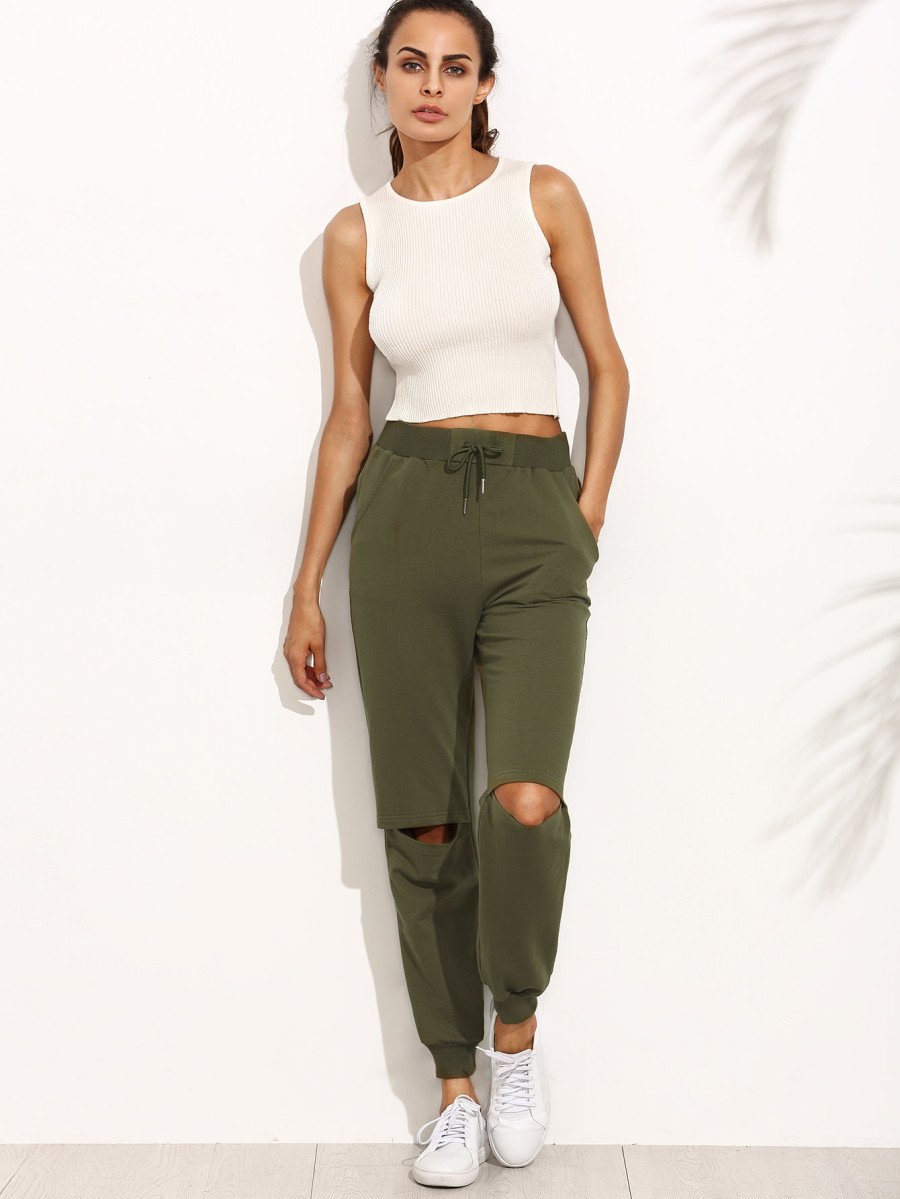 Women's Slit Knee Fleece Jogger Pants by Fifth Avenue - Khaki Green