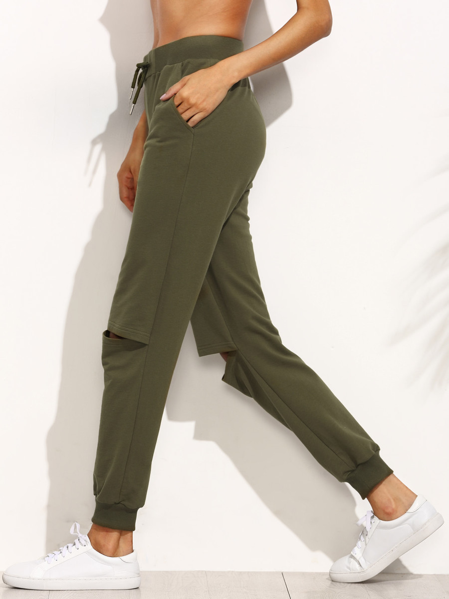 Women's Slit Knee Fleece Jogger Pants by Fifth Avenue - Khaki Green