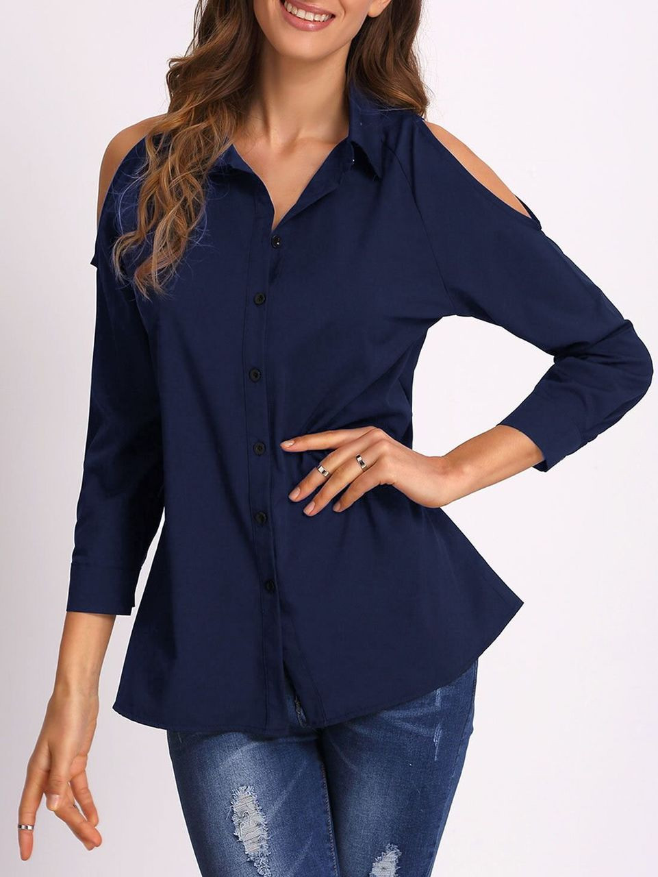 Fifth Avenue Women's Viscose Button Down Cold Shoulder Shirt - Navy Blue