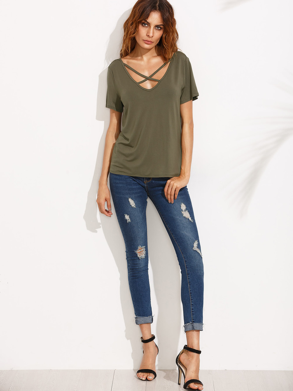 Fifth Avenue Women's Double V Neck Criss Cross T-Shirt - Light Olive Green