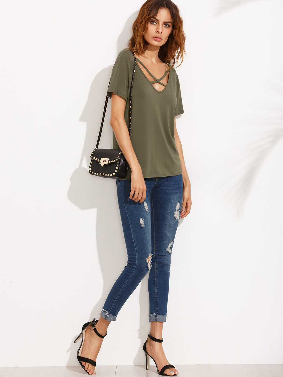 Fifth Avenue Women's Double V Neck Criss Cross T-Shirt - Light Olive Green