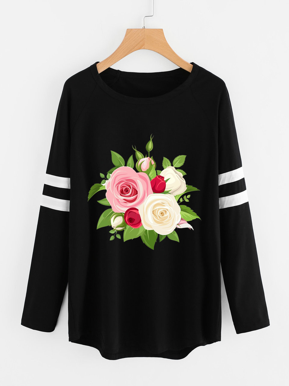 Fifth Avenue Women's NAZA Full Sleeve Multi Rose Printed T-Shirt - Black