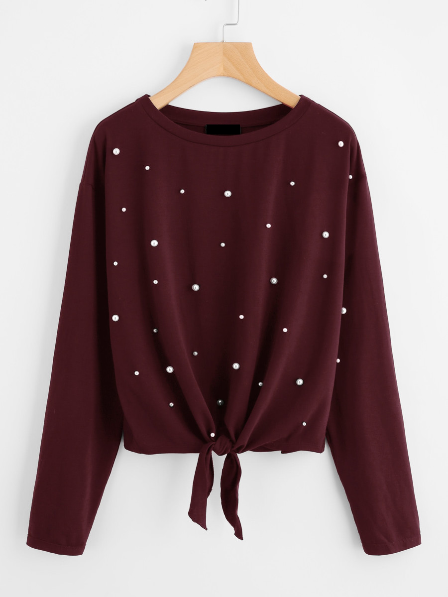 Fifth Avenue Women's MOJJ Bottom Knot Pearl Beaded Full Sleeve T-Shirt - Maroon