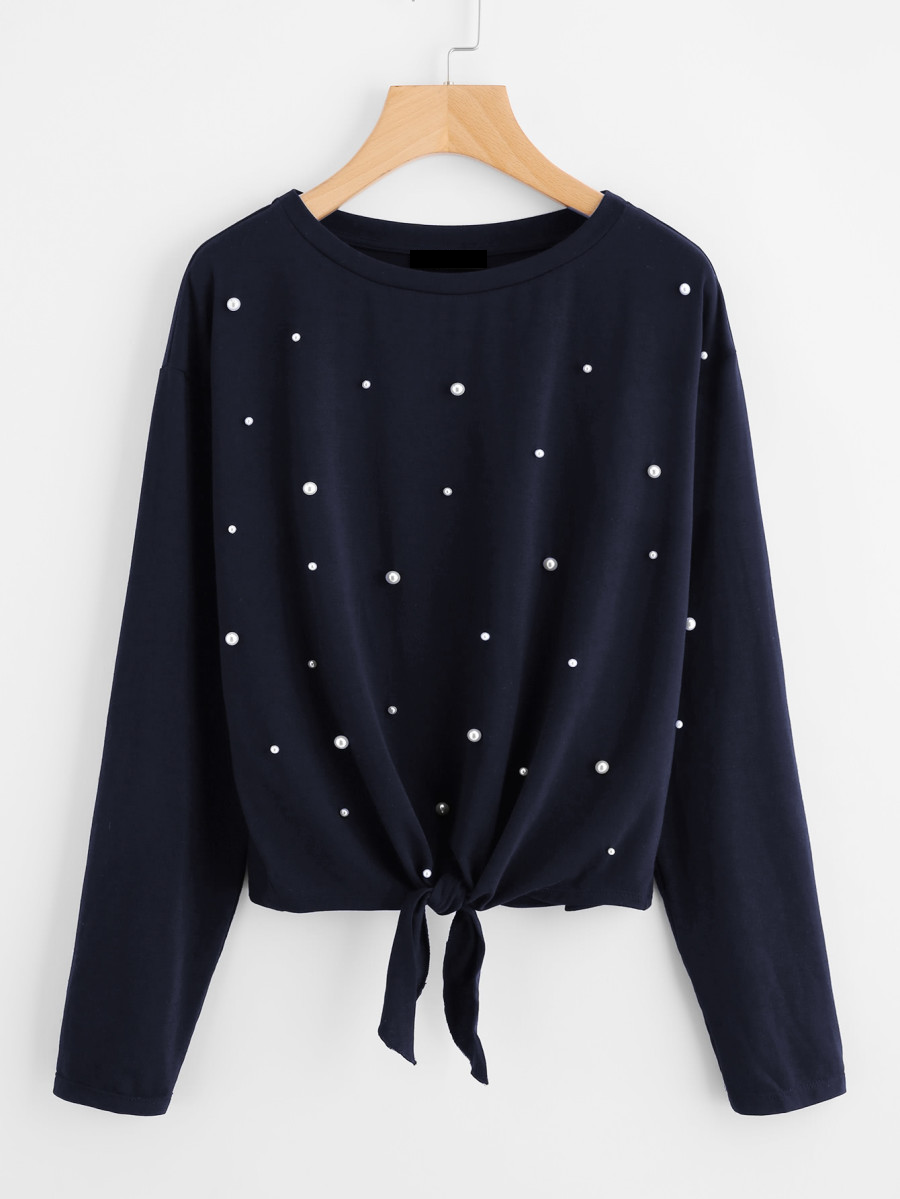 Fifth Avenue Women's MOJJ Bottom Knot Pearl Beaded Full Sleeve T-Shirt - Navy Blue