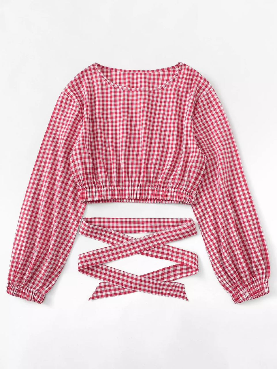 Fifth Avenue Women's Lantern Sleeve Self Tie Gingham Top - Red and White 