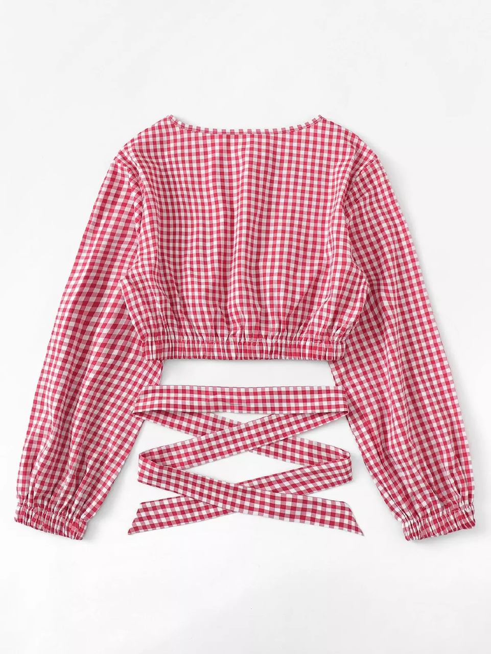 Fifth Avenue Women's Lantern Sleeve Self Tie Gingham Top - Red and White 