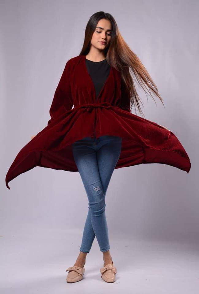Fifth Avenue Women's VNNV Velvet Waterfall Front Self Tie Kimono - Maroon