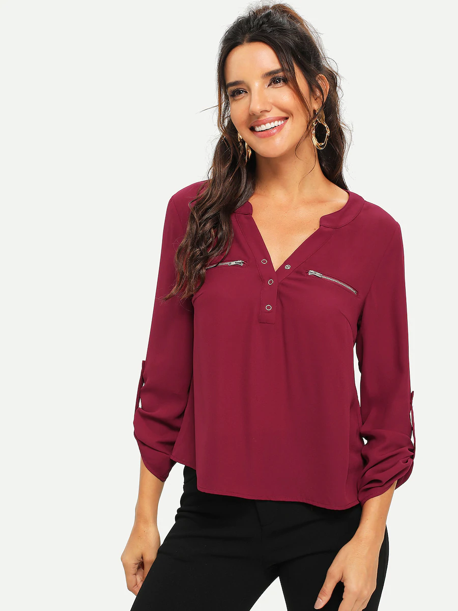 Fifth Avenue Women's UVA1147 Zip Collar Button Pocket Blouse - Maroon