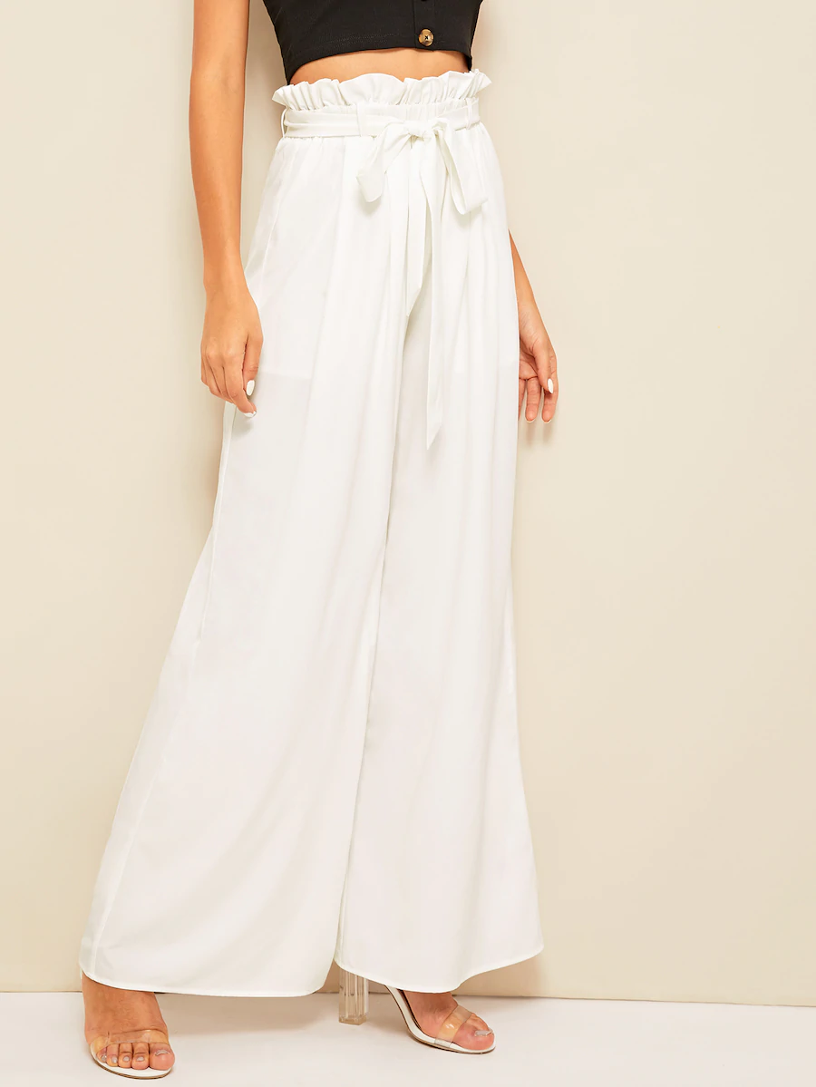 Fifth Avenue Georgette GTTWP13 Self Belted Wide Leg Pants - White